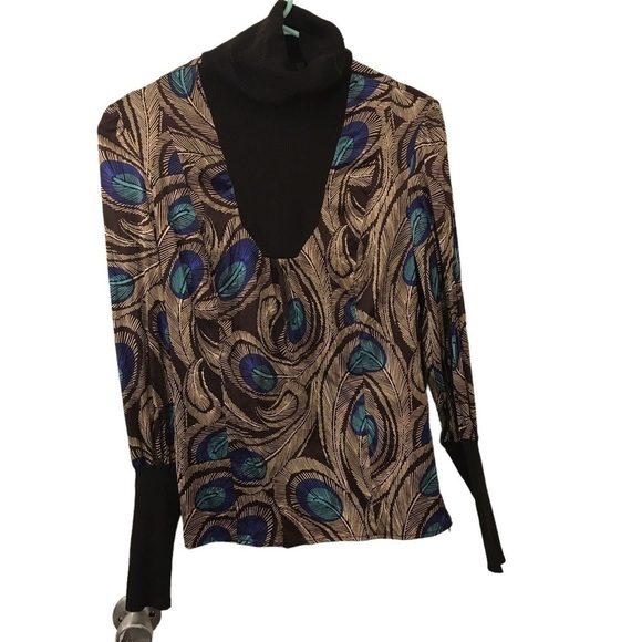 Etcetera silk spandex peacock print turtle neck long sleeve top - Picture 1 of 14